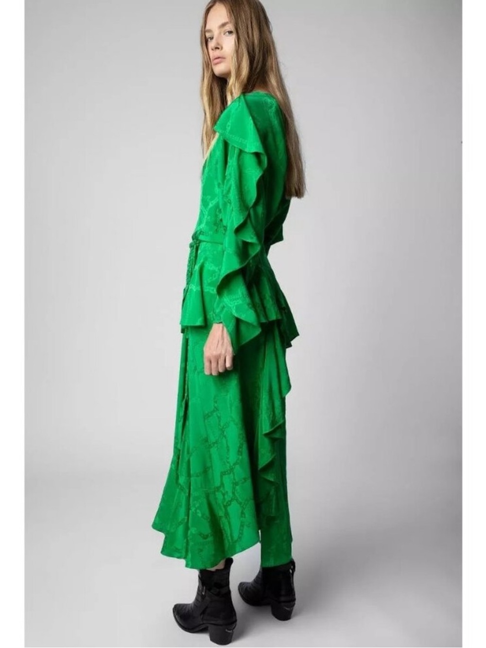 Zadig & Voltaire Ritana Jac Chaines 100% SILK Green Ruffle Maxi Dress NWT $1198 - Picture 3 of 10
